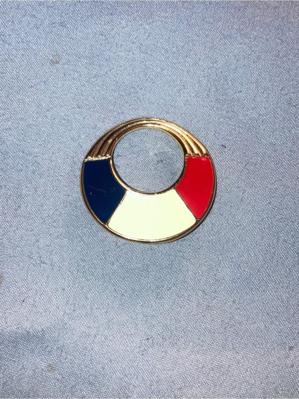 Vintage Tricolor Enamel Circle Brooch — Red, Navy & Cream with Gold Trim